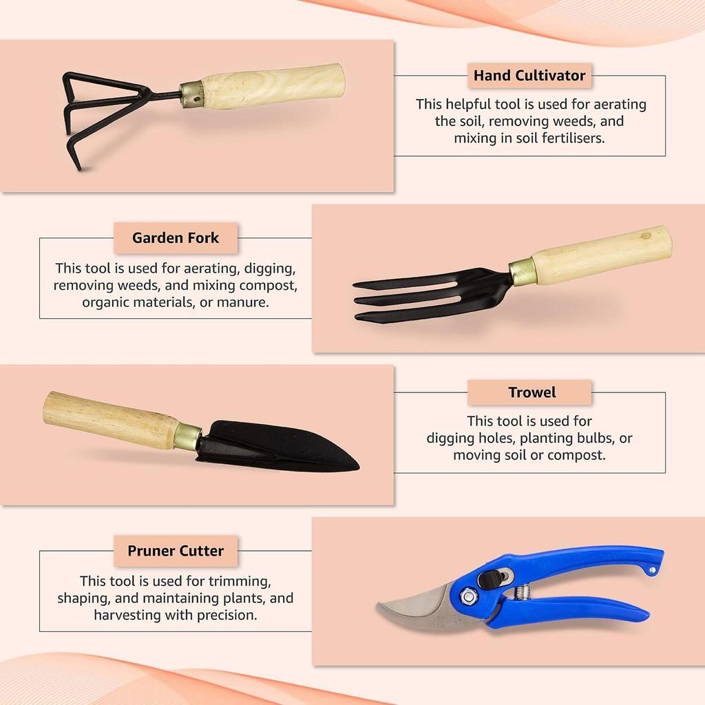 4-Piece Gardening Tool Set | Hand Cultivator, Trowel, Garden Fork, Pruner | Wooden Handle