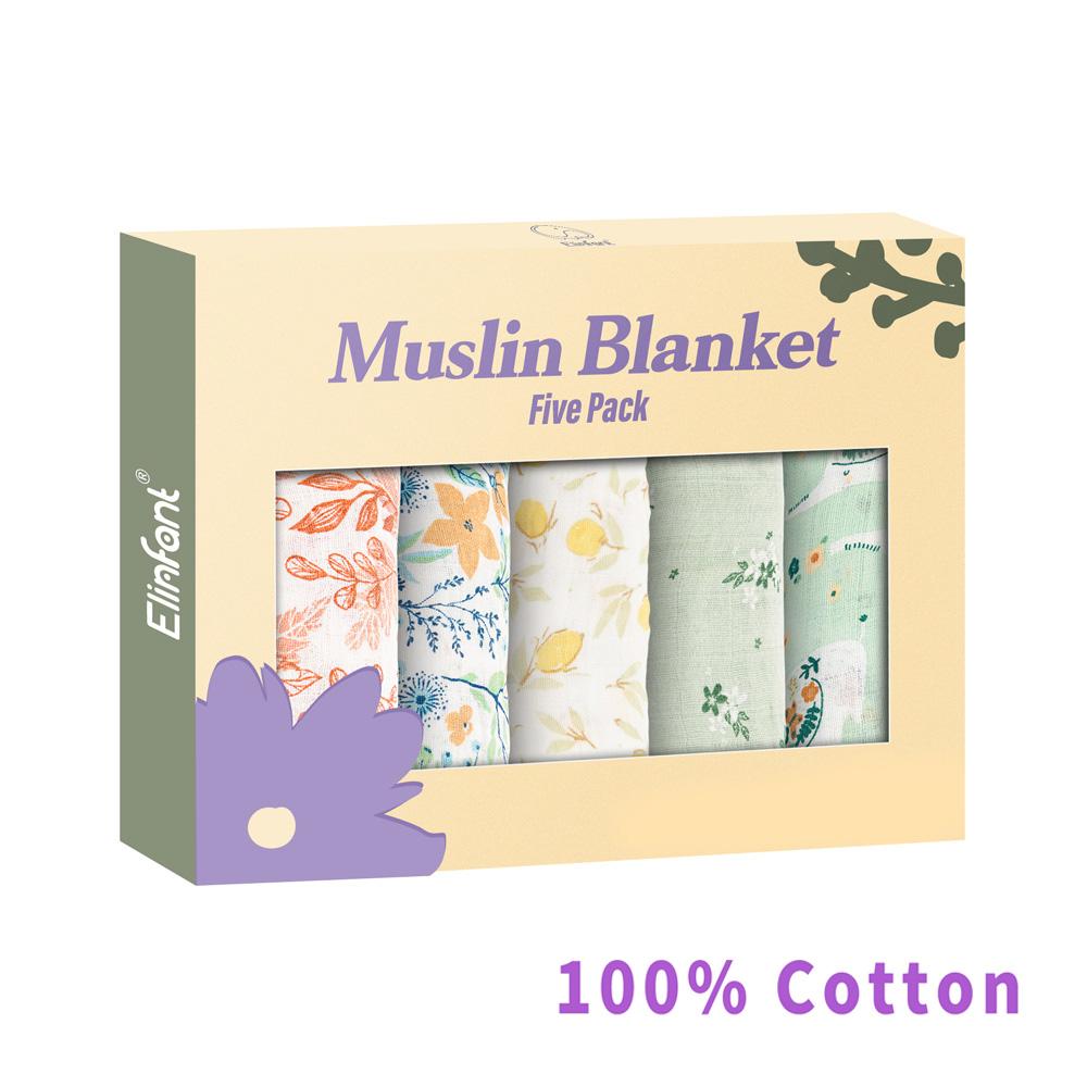 Elinfant 5pcs Gift Set Bamboo Cotton Muslin Bib Burp Cloth 100% Cotton 60*60cm 2 Layers Baby Scarf Handkerchief 60X60cm