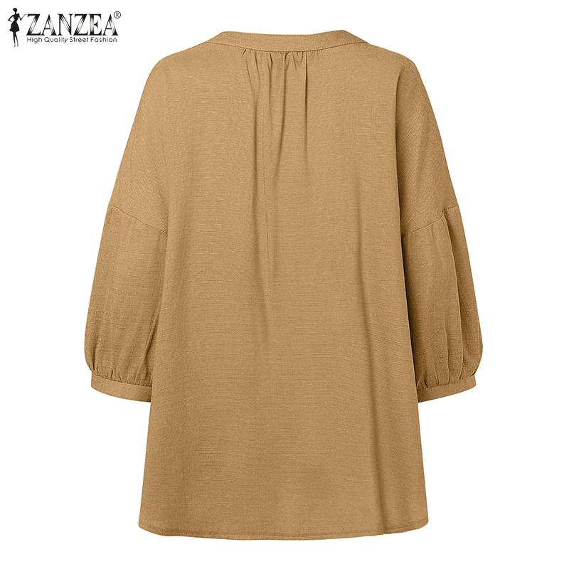 ZANZEA Women Round Neck 3/4 Sleeve Solid Color Casual Thin Blouses