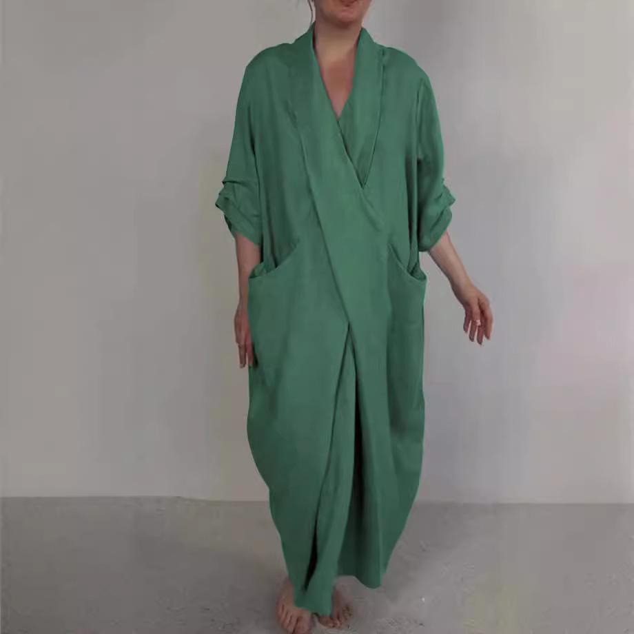 2026 Autumn Linen V-Neck Bathrobe Dress with Pockets - Solid Color, Casual, Loose, Slit Design