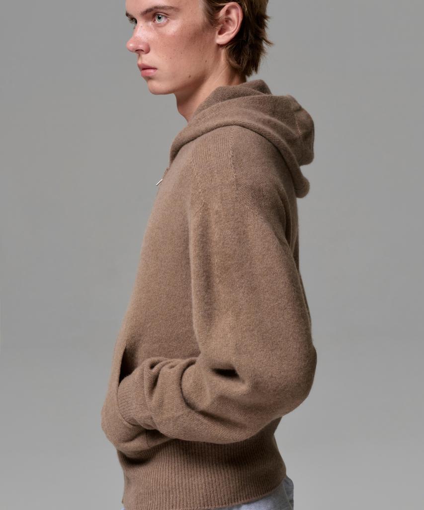 Era Men Cashmere Blend Zip Knit Hoodie - Neutral Brown