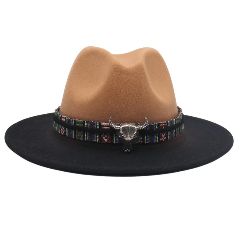 Trendy Tibetan Top Hat, Western Cowboy Hat, Bull Head Big Brim Woolen Felt Hat Gradual Change Color Spray Paint Two-Color Hat
