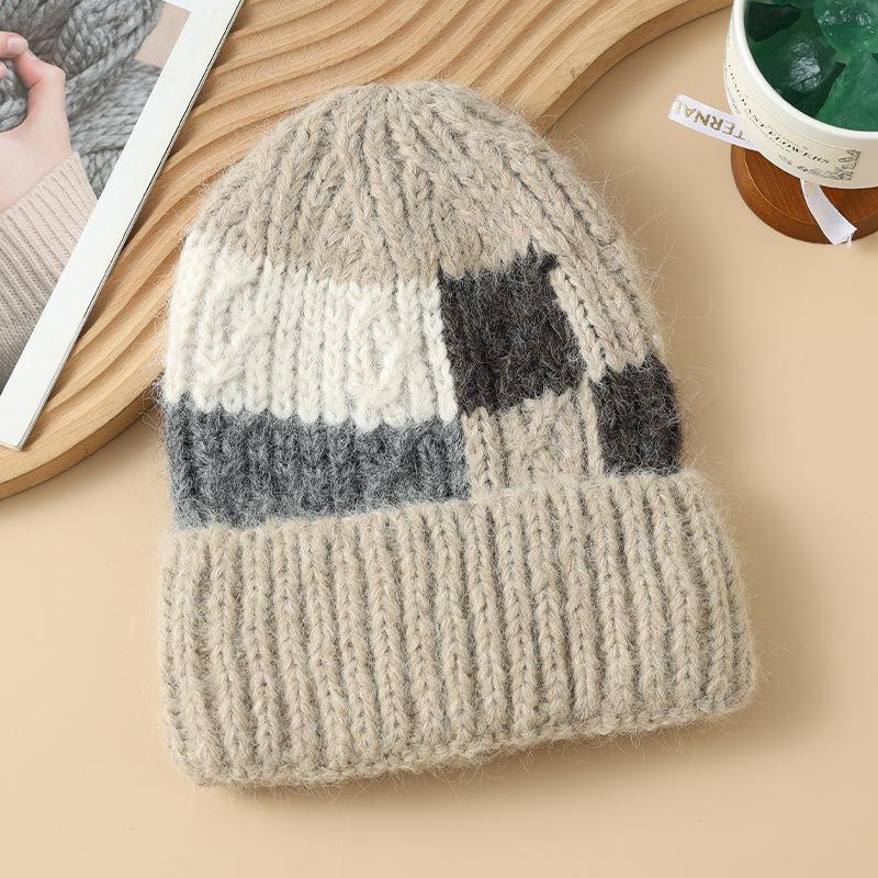 New Autumn and Winter Square Color Block Knitted Wool Hat American Big Head Windproof Pullover Hat Outdoor Casual Warm Hat