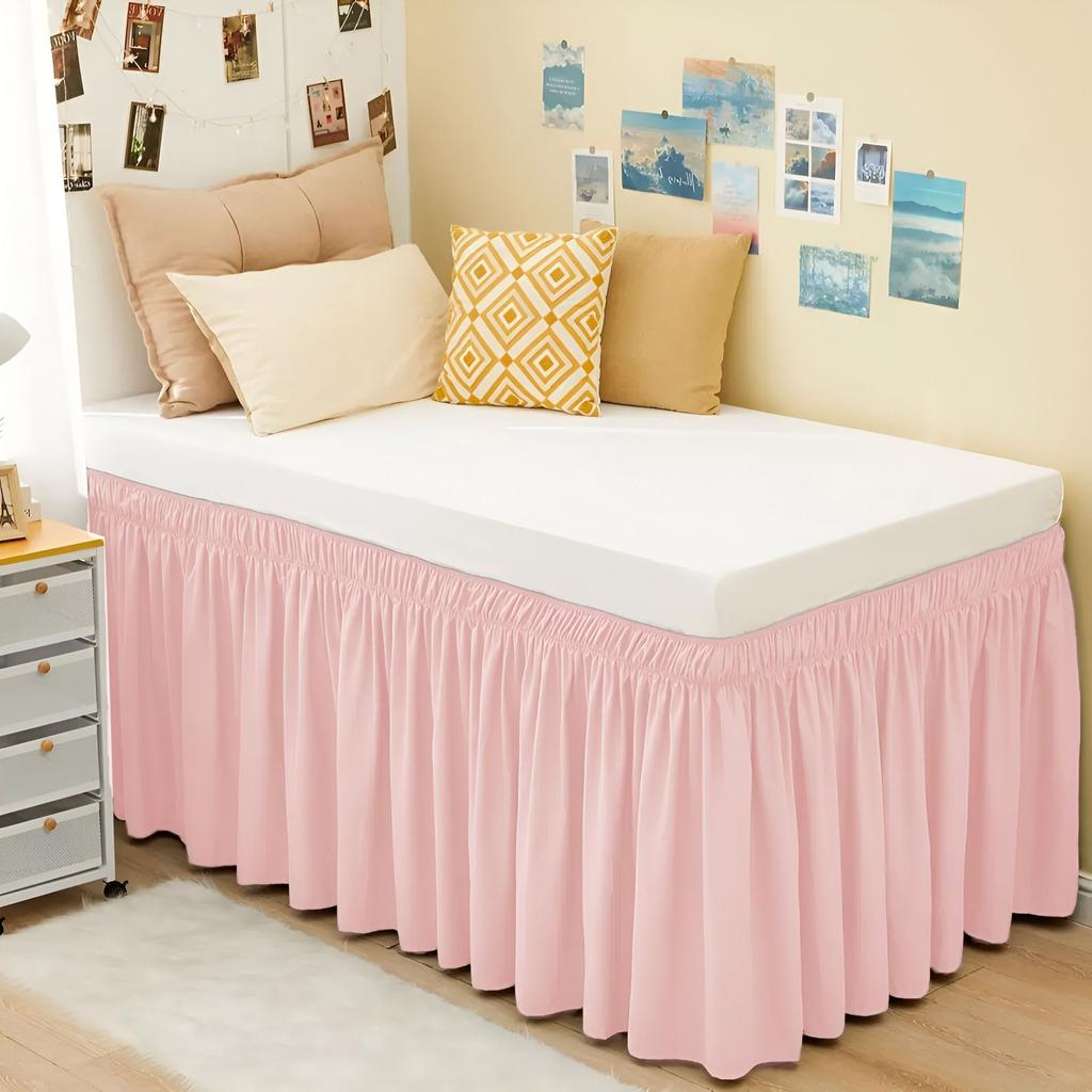 Extra Long College Hostel Dorm Room Bed Skirt Wrap Around Pretty Ruffles Bed Skirt Valance with Three Sides Fabric for Twin Bed