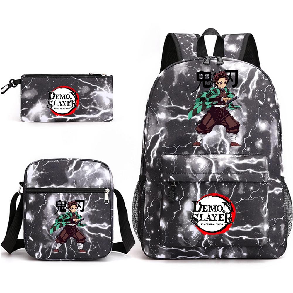 3 Stück/Set Anime Cartoon Demon Slayer Aufdruck Große Kapazität Buchtasche Rucksack mit Umhängetasche Federmäppchen für Schüler Junge Mädchen Schultasche