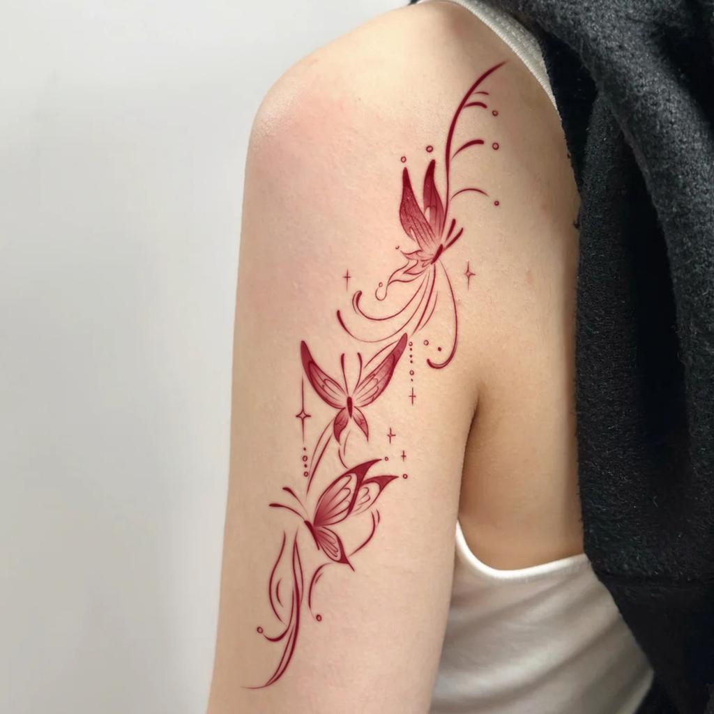Burgundy Gradual Change Butterfly Tattoo Sticker, Waterproof And Long-Lasting, Gentle Arm Model, Simulated Tattoo Sticker