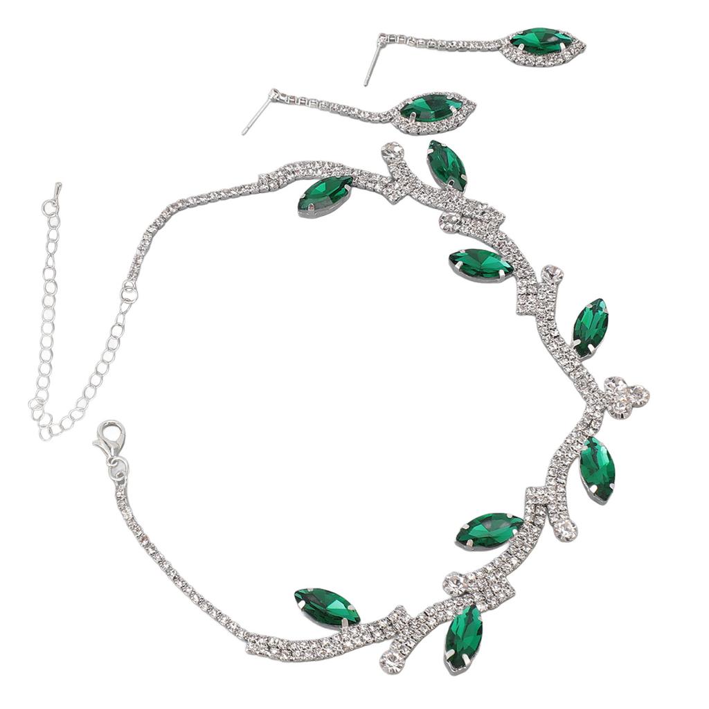 Damen Halskette Ohrring Set Strass Blätter Braut Hochzeit Schmuckset für Geburtstagsfeier Grün und Weiß K
