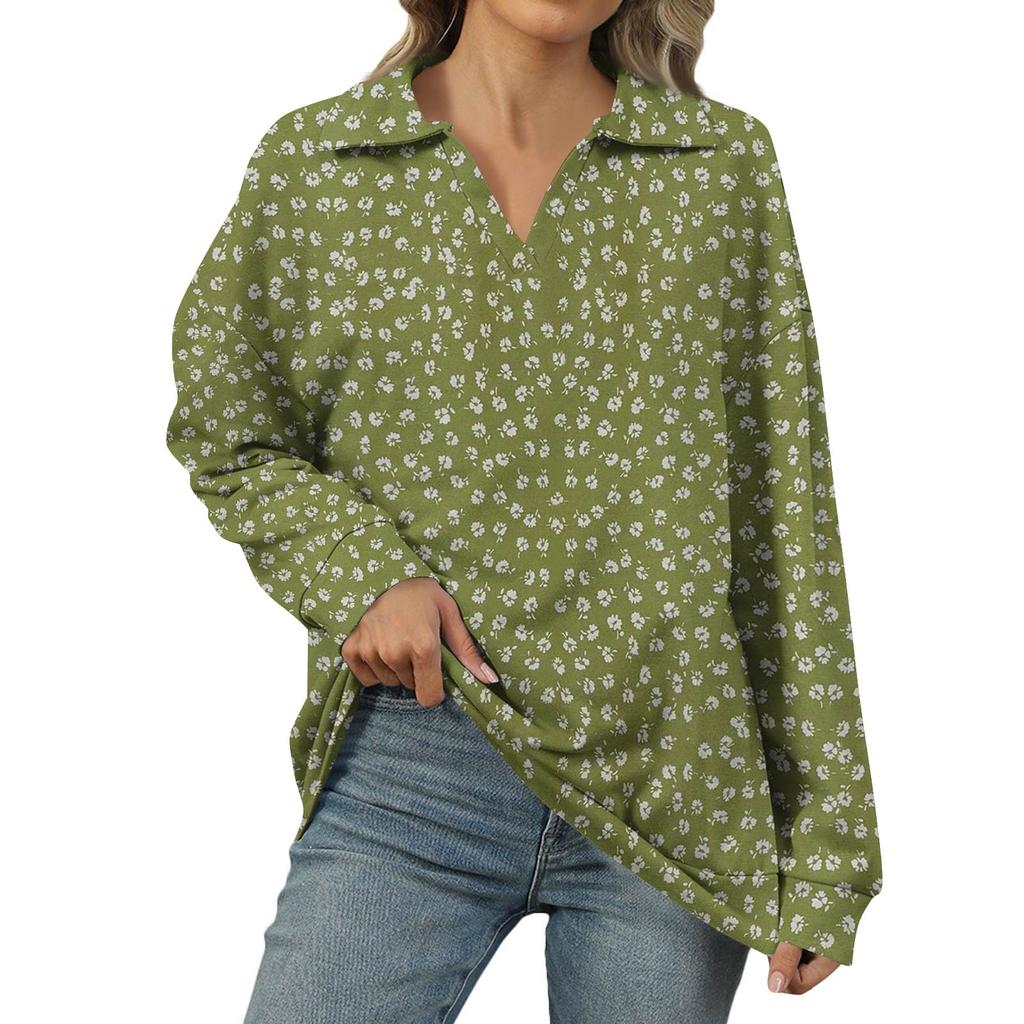 Women's Summer Fashion Casual  Printed V-Neck Long Sleeve Shirt Top