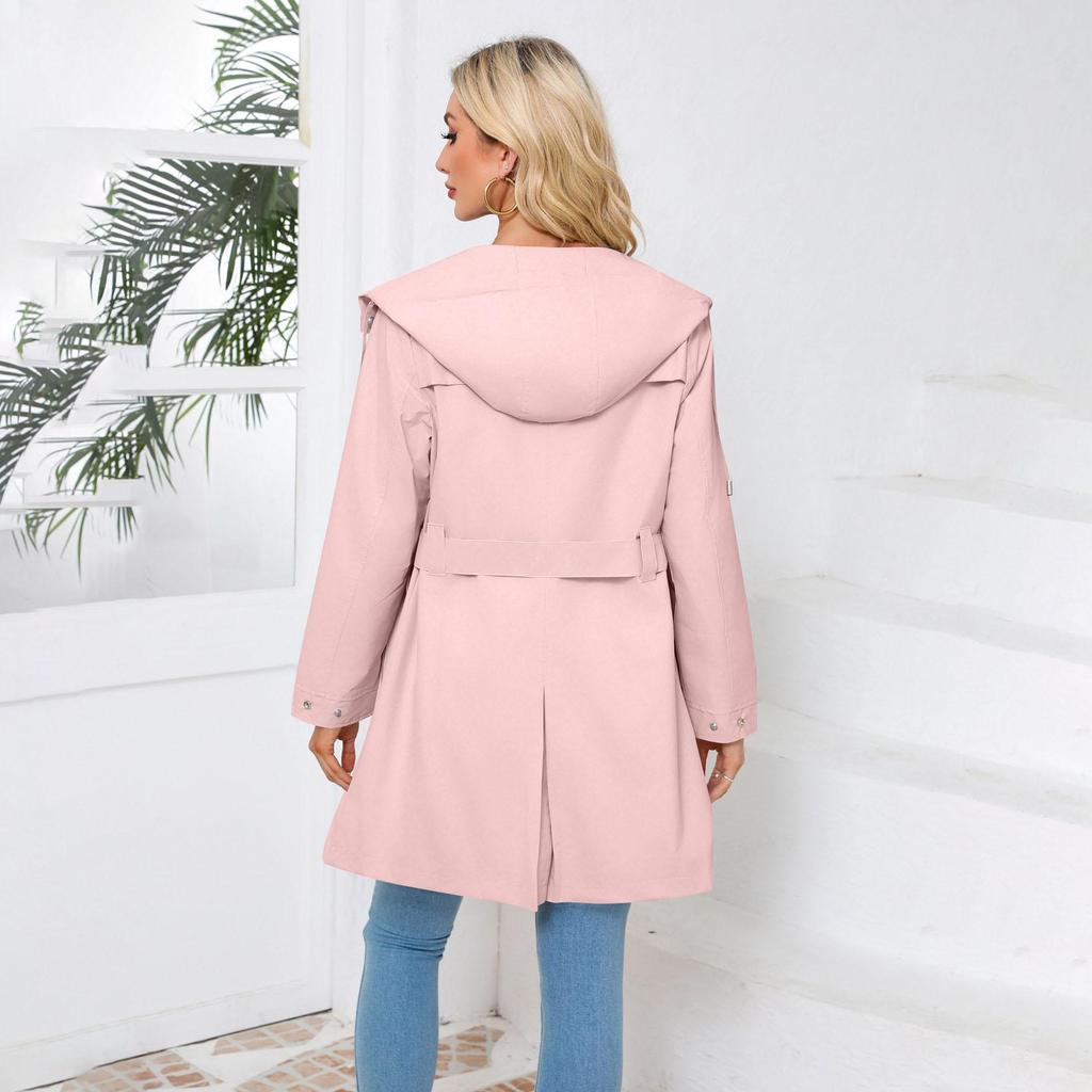 Herbst Damen Einreihig Einfarbig Reverskragen Kapuze Langarm Locker Jacke Windmantel