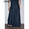 Zaprha 2025 Autumn New A Word Decorative Layer Wide Hem Mid Waist Denim Midi Skirt 9863244