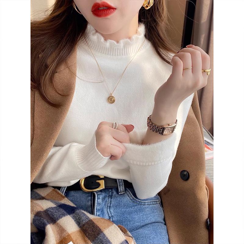 Semi-turtleneck Integrated Fleece Inner Top Women's Fungus Edge Knitted Sweater Autumn and Winter New High-end Bottoming Shirt