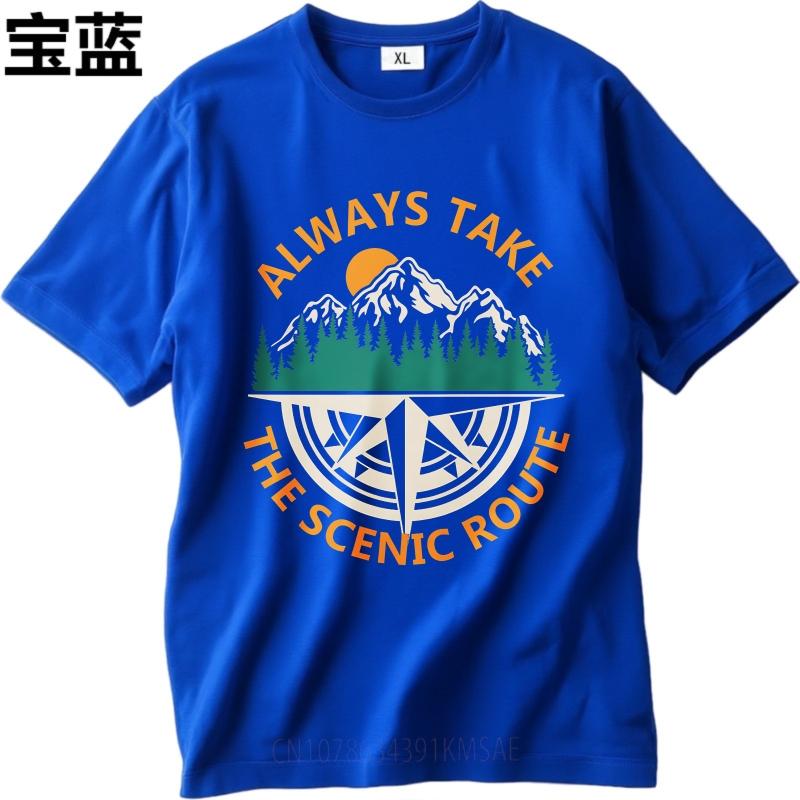 Big Size Summer Women T Shirt Always Take The Scenic Route Mountains Compass Sunset Trees Short Sleeve Adult ONeck Tees