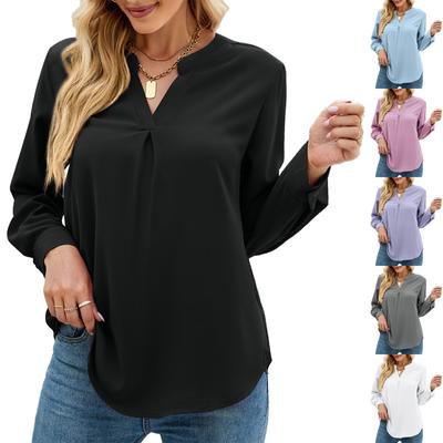 Women's Fashion Solid Color V-Neck Button Chiffon Shirt Loose Long Sleeve Top