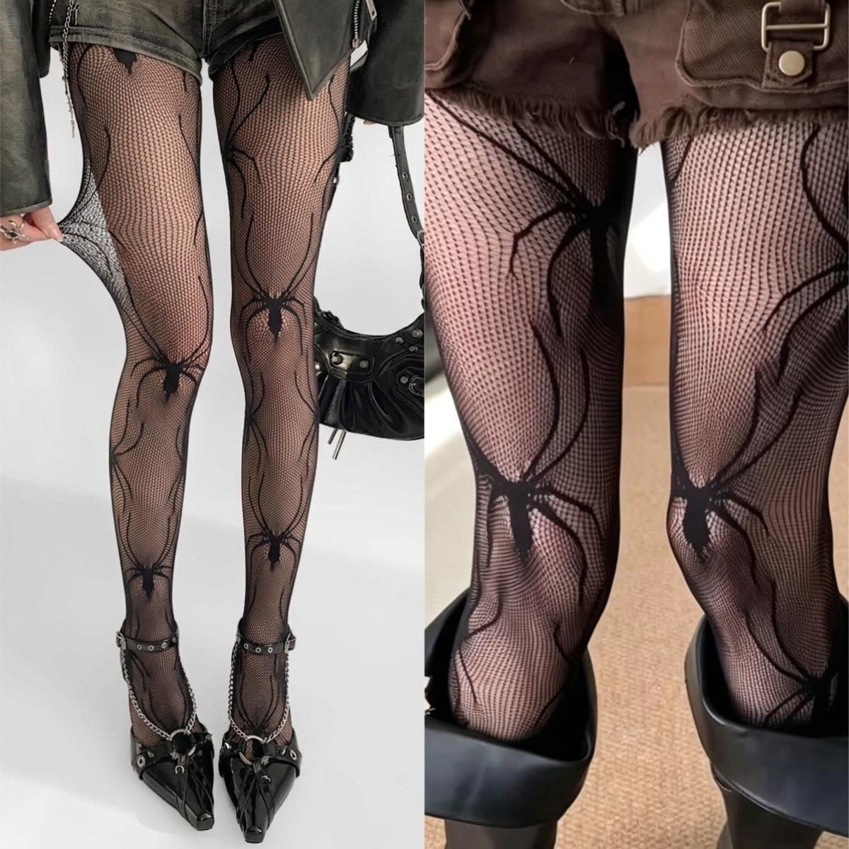 Damen Sommer Jacquard Spinnenmuster Sexy Netz Ausgeschnitten Strumpfhosen Halloween Y2K Subkultur Socken Gothic Punk Fischernetze Strumpfhosen One Size gray