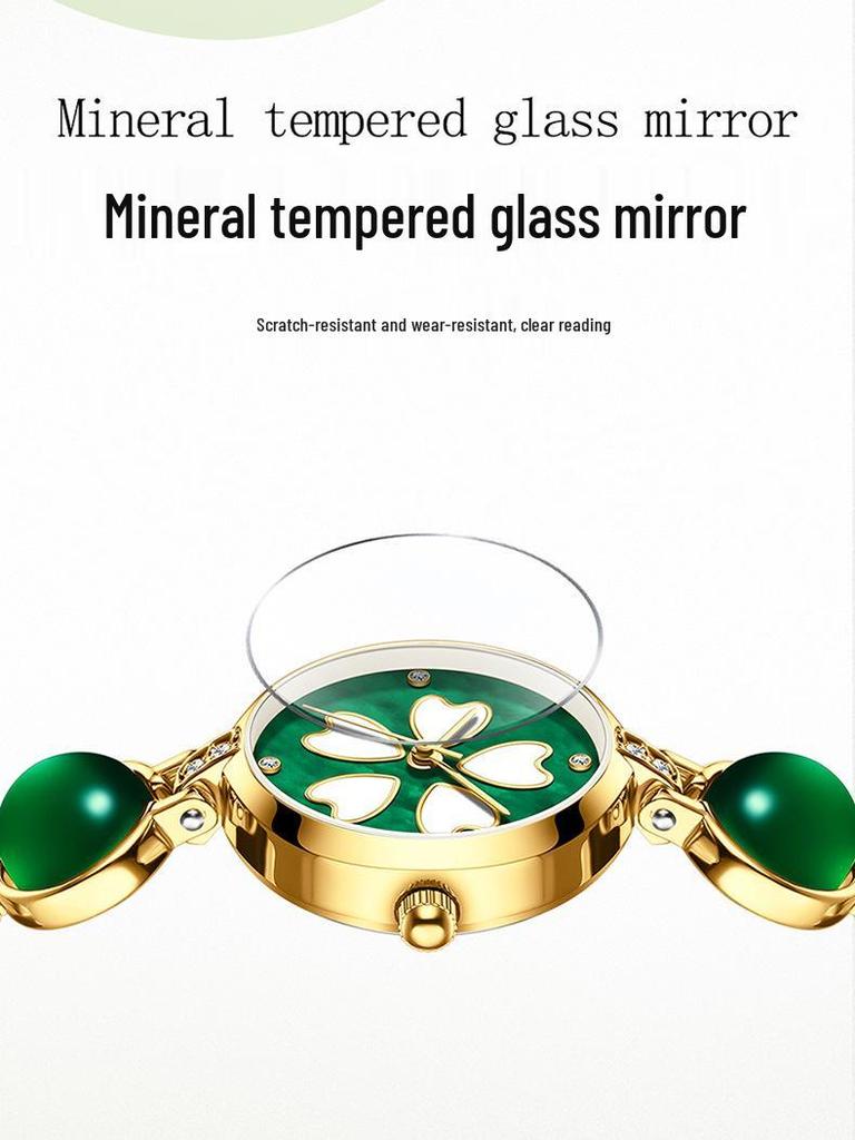 Moka Diamond Luminous Quartz Watch with Four-Leaf Clover Design, 30M Waterproof, Copper Band.