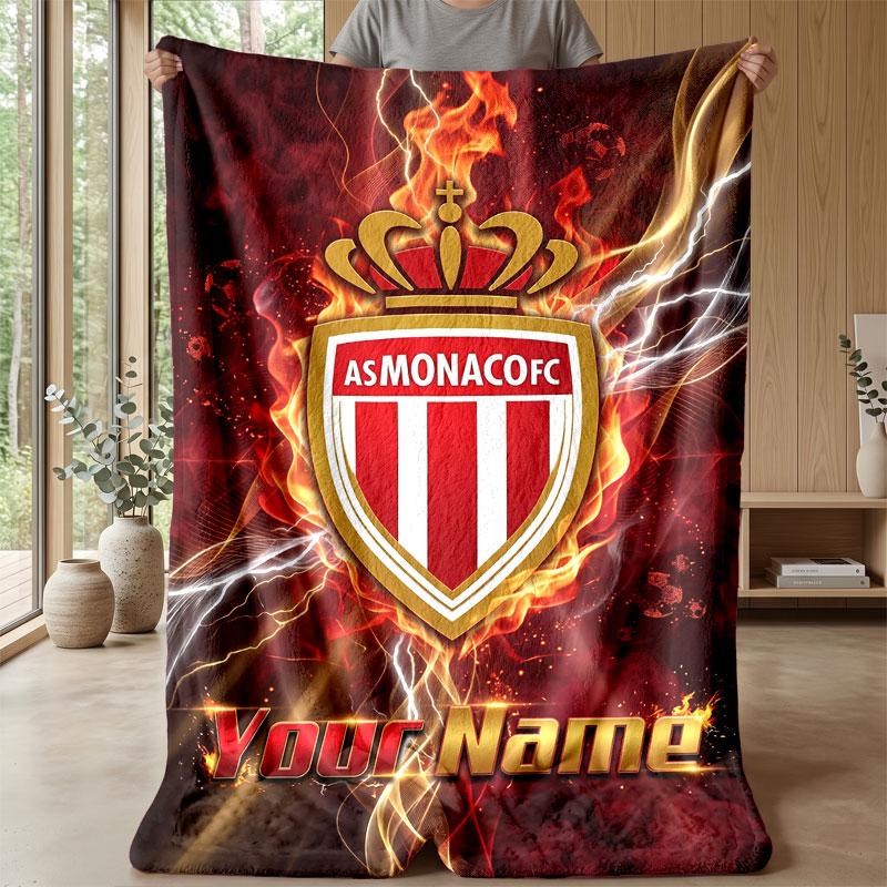 Monaco FC Custom Name Text Flannel Blanket Soccer Logo Personalized Fleece Throw Blanket Special Gift For Sofa Bedroom Home