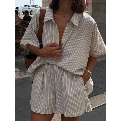 Summer Women Casual Striped Shorts Set V-neck Lapel Half Sleeve Shirt 2 Piece Suit Lady  Loose High Street Daily Outfit