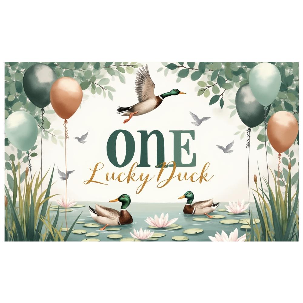 Entenparty-Banner, Stockente, Banner für Einjährige, Hintergrund für den ersten Geburtstag, fliegende Vögel, See, Tierhintergrund für den 1.