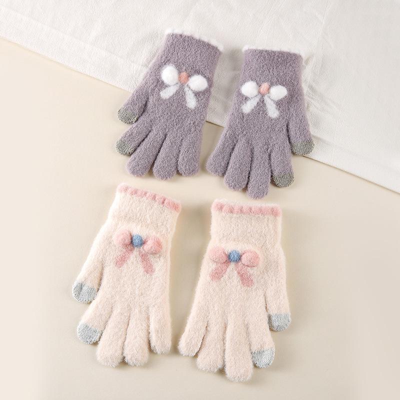 Damehansker i ull med sløyfe og berøringsskjerm - Varme, strikkede, søte, femfingrede, ideelle for sykling om høsten/vinteren og studenter.