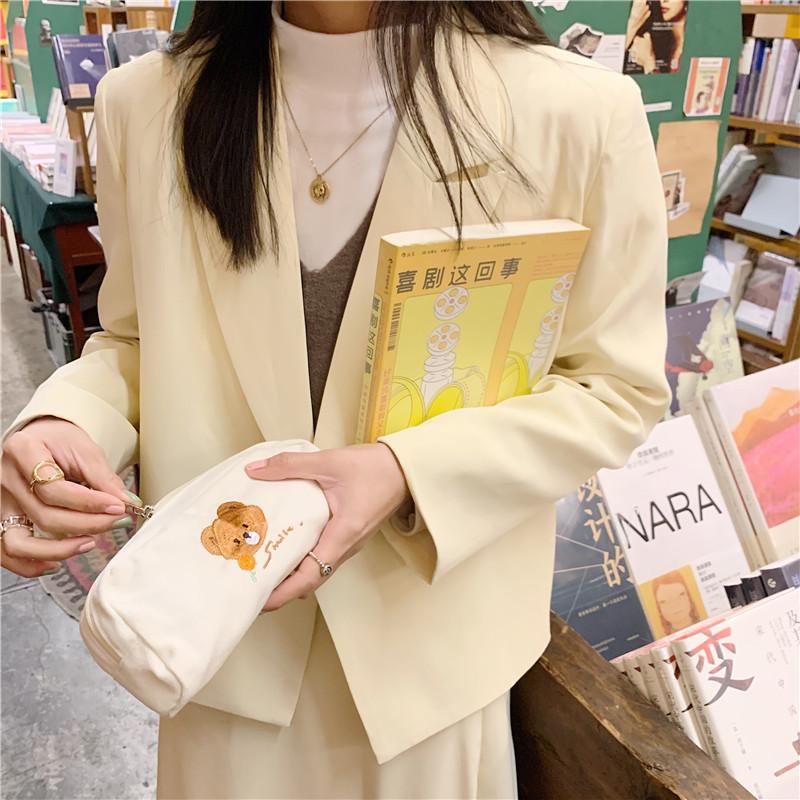 Cute Bear Embroidery Canvas Pencil Case Japanese Style Stationery Pouch Large Capacity Storage Bag