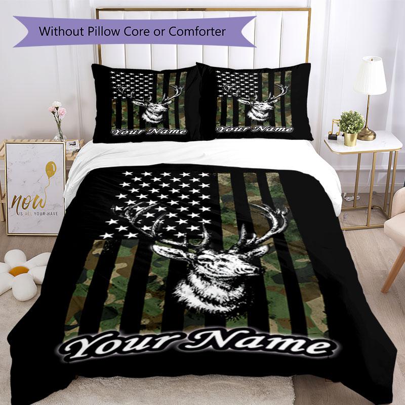 3PC Custom Name American Flag Deer Camo Bedding Set Duvet Cover Closure Includes 1 Duvet Cover & 2 Pillowcases for Bedroom