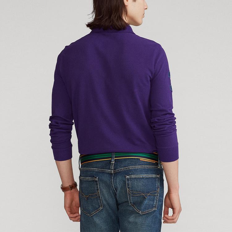 Polo Ralph Lauren Custom Slim Fit Three Pony Logo Long Sleeve Polo Shirt Men Tops Purple MNPOKNI16821-453