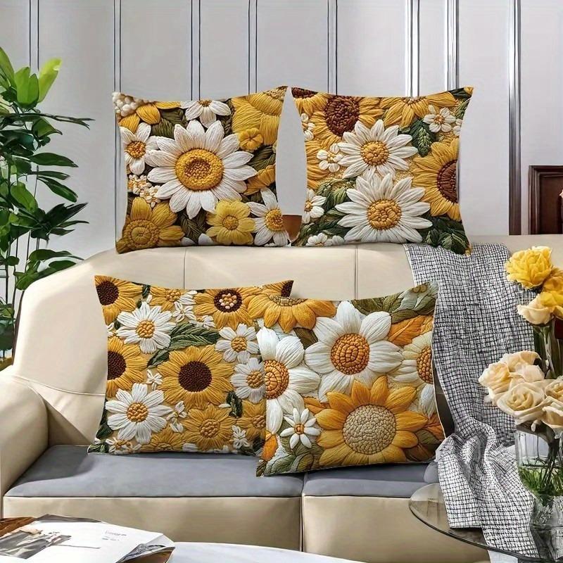 3D Embroidered Daisy Pattern Home Decor Pillowcase Living Room Sofa Polyester Cushion Cover with Zipper