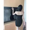 Foreign style one-word shoulder sexy dress women's clothing summer spice girl hanging neck halter tight body hip wrap small black dress short skirt