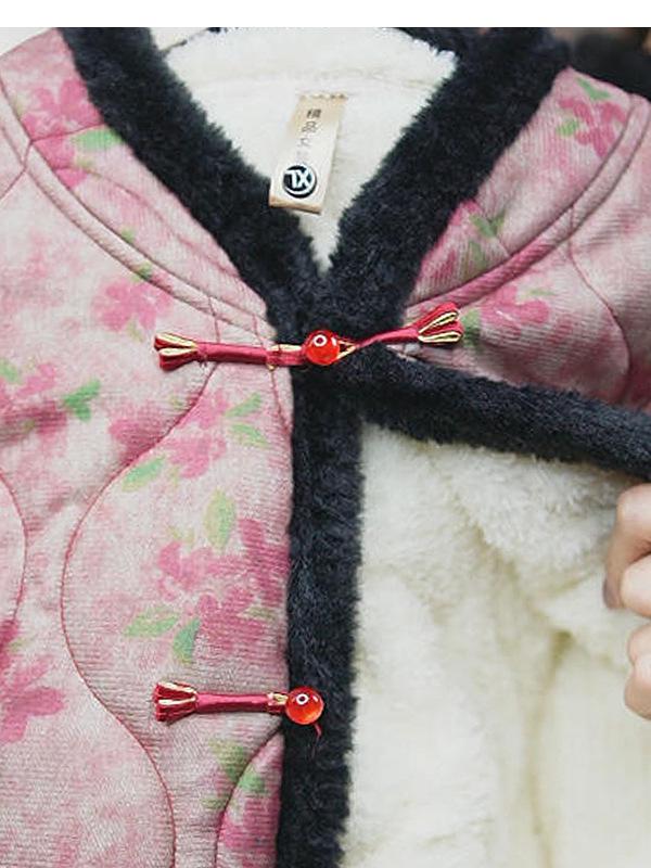 Elegant Fleece-Lined Pearl Button Cotton Jacket for Middle-Aged & Elderly Women - Warm Retro Winterwear