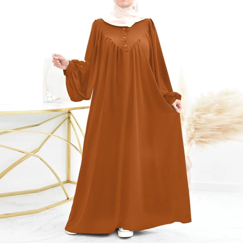 Modern Puff Sleeve Muslim Women's Robe: Spring/Autumn Solid Color Long Dress