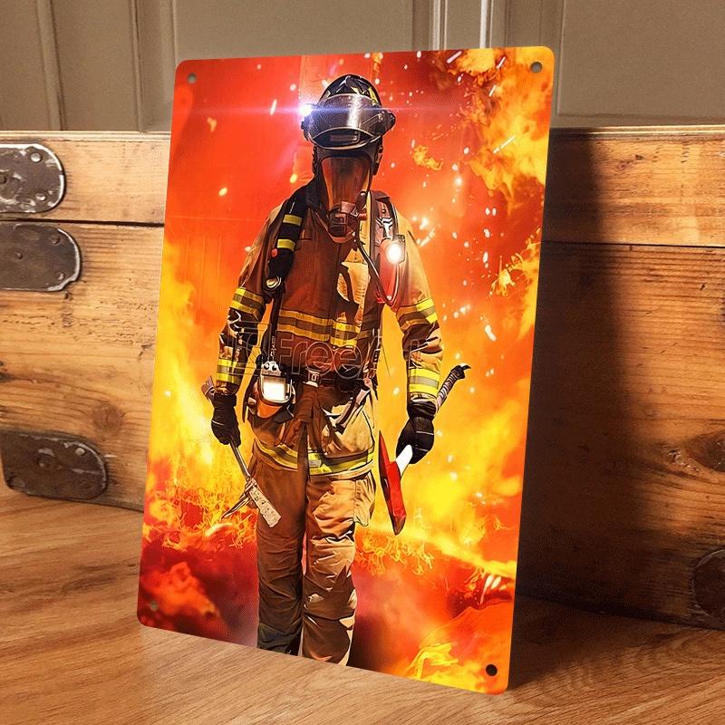 1 piece: Firefighter metal wall hanging plaque - Brave firefighter against a backdrop of flames, suitable for home, office, and (as the picture,20x30cm)