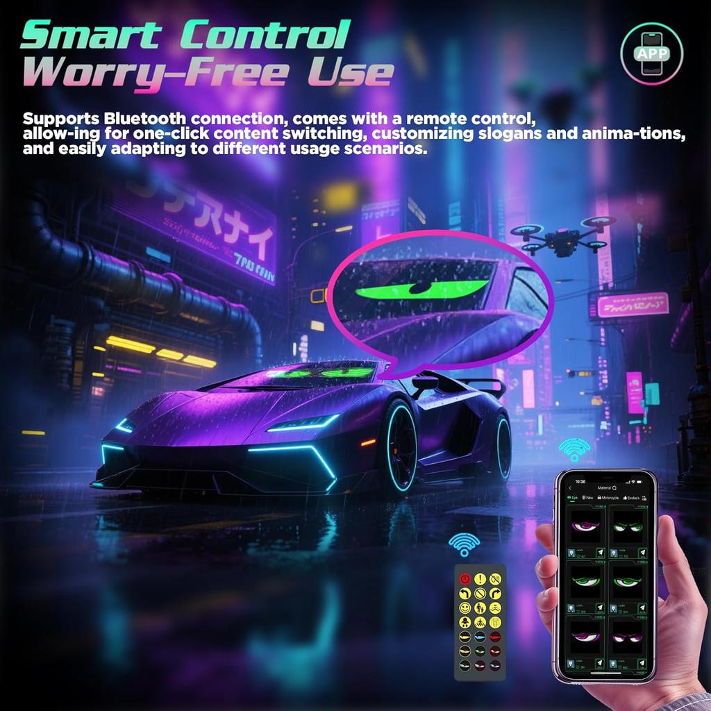 Devil Eyes Light for Windshield, 19.3"x4.3" Led Eyes, Led Flexible Film Screen for Cars, SUVs & Trucks, Programmable USB Matrix Panel, App/Remote