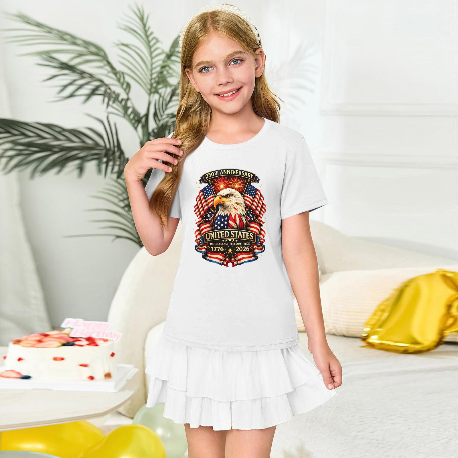 Girls  Round Neck Short Sleeve Printed Casual Short Sleeve 140 белый