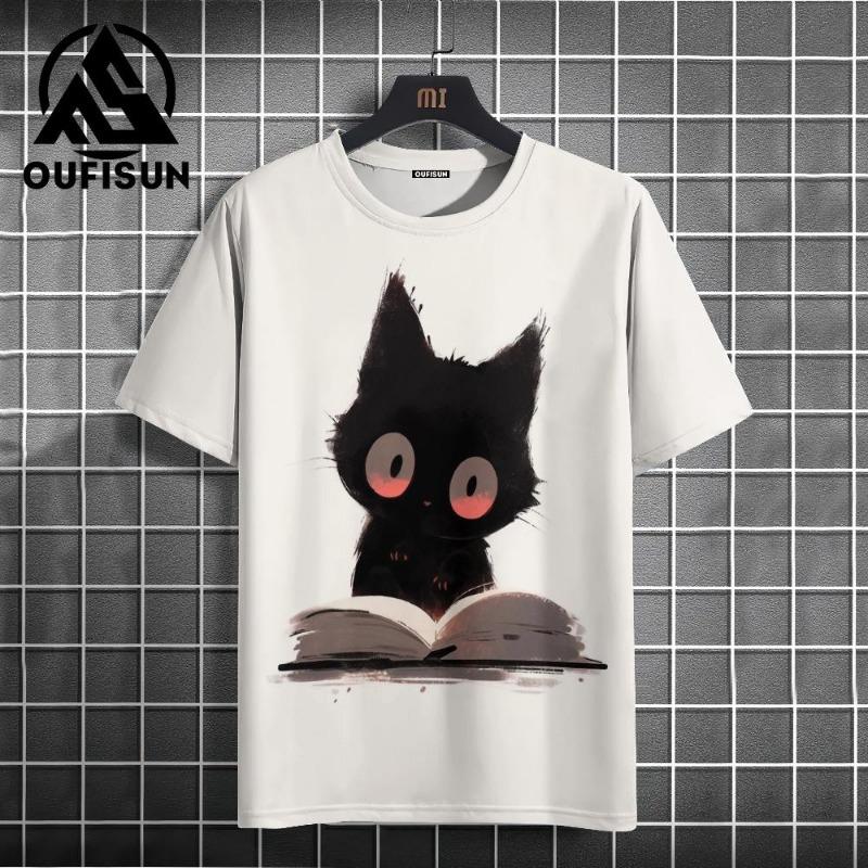 Letní pánské tričko Animal Cute Cat Print Crew Neck Krátký rukáv Tričko Street Trend Tops Nadměrné pánské oblečení Tričko pro muže