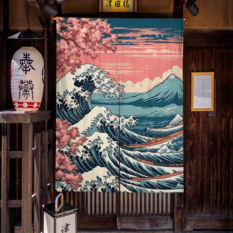 

Japanese Linen Half Door Curtain Ukiyo-e Style Sushi Izakaya Bar Decor Short Curtains Kitchen Partition Hanging Flag Curtain 65x90cm