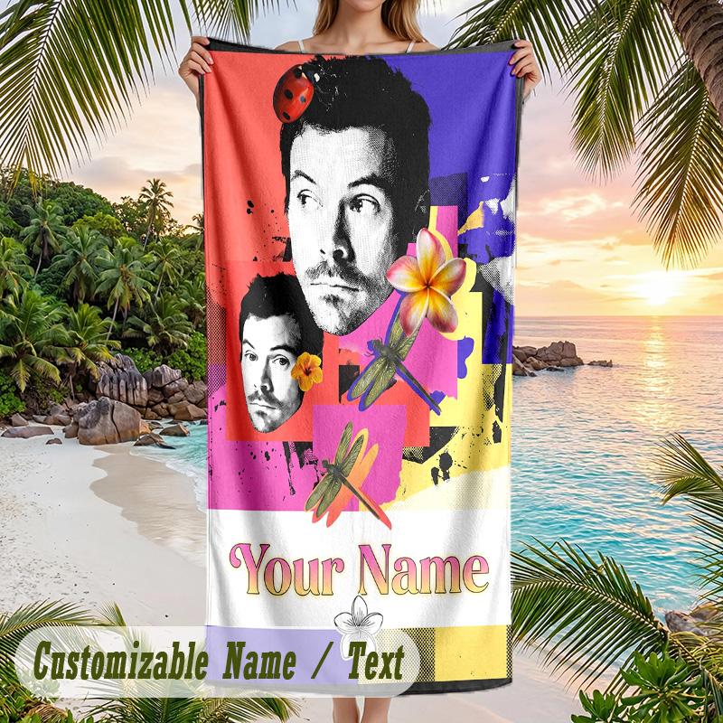 Harry Styles Beach Towel, Personalized Custom Name Text, Quick Dry Large Absorbent Towel For Beach Pool
