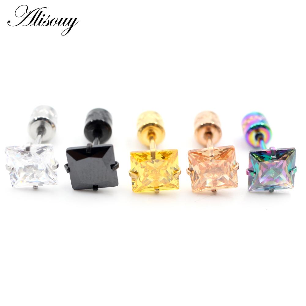 Alisouy 2 bucăți din oțel inoxidabil 4 dinte pătrat zircon CZ femei bărbați fată ureche stud cartilaj șurub cercei piercing bijuterii