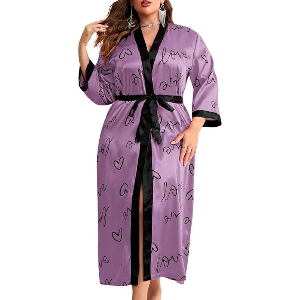Valentinsdagkåpe i plussstørrelse for kvinner, sexy satengkåpe Langt nattøy