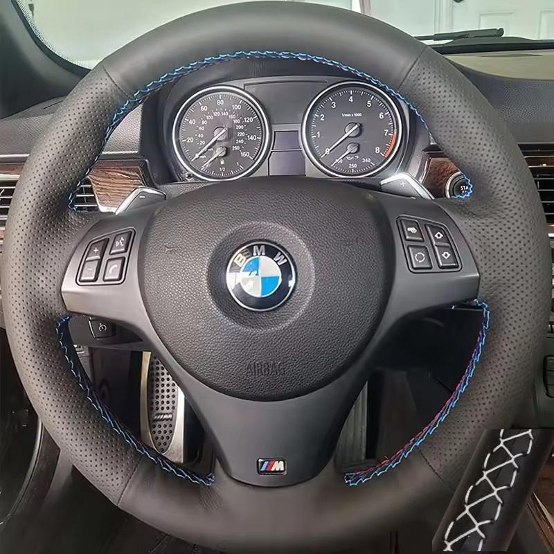 For BMW E81 E90 Pack M Sport M3 E91 E92 E93 E87 E82 E88 X1 E84 Full Black Leather Car Steering Wheel Braid Soft Leather Cover
