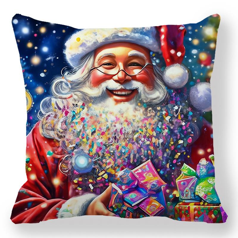 Christmas Cartoon Oil Painting Theme Digital Printing Short Plush Pillow Covers For Car Sofa Office Cushion Cover Home Goods