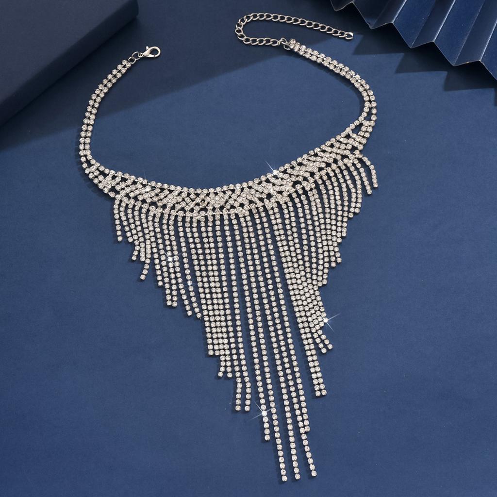 Stylish Full Diamond Neck Chain, Exquisite Flash Diamond Bundle Neck Chain, Long Fringed Rhinestone Collarbone Necklace, Neck Chain For Women