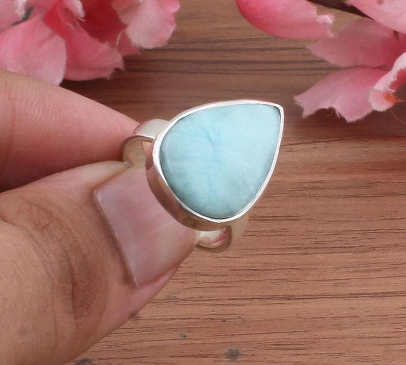 Solid 925 Sterling Silver Natural larimar Gemstone Handmade Designer Ring Boho Jewelry Gift For Her