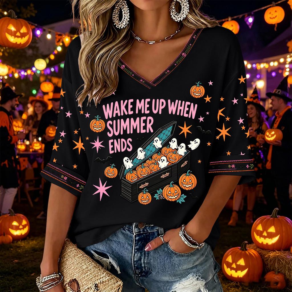 Women's V-Neck Three-Quarter Sleeve Halloween Print Blouse for Party and Costume Wear