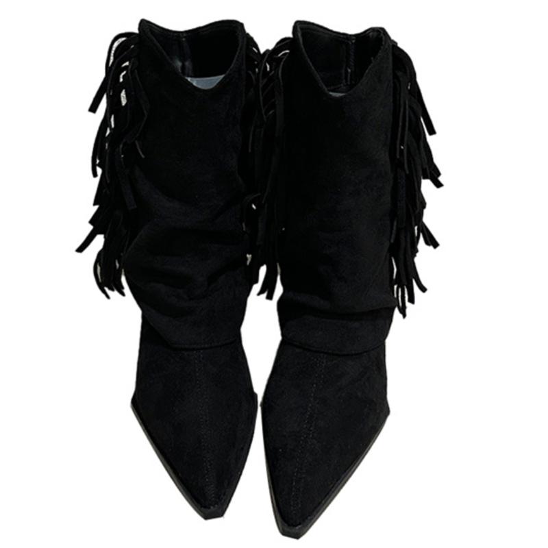 Tassels Suede Mid-calf Women Chelsea Boots Retro Pointed Toe Mid Heels Winter Shoes New Designer Shoes 2024 Gladiator Chaussures