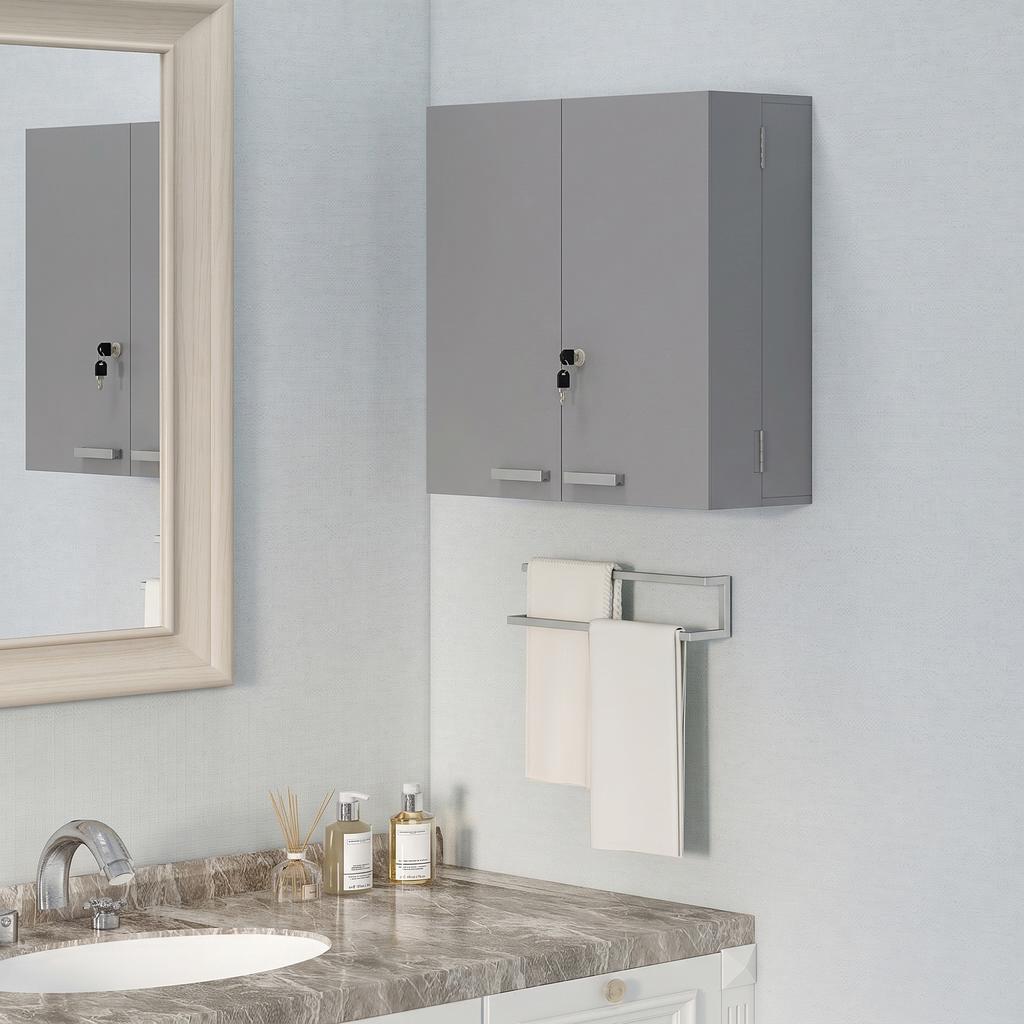 Wall-Mounted Medicine Cabinet, Double Lockable Doors, 2 Keys, 53 x 20 x 53 cm, Grey