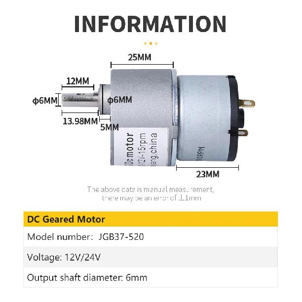 JGB37-520 Miniature High Torque Micro Metal Gear Reducer Motor 12V/24V 5RPM~750RPM Micro Speed Adjustable Forward And Reverse