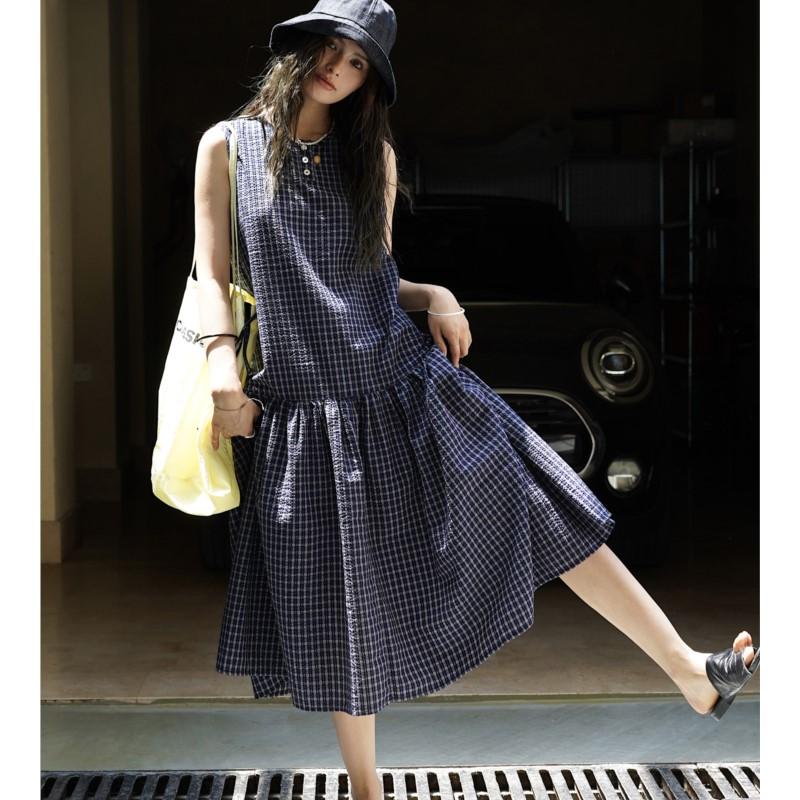 Johnature Sommer Koreanisch Retro Karo Ärmelloses Kleid Lässig Japanisch Locker Damen Pullover Kleider