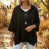 Women Winter Sweater Autumn Knit Pullover Sweater, Loose Fit Drawstring Hooded Casual 3/4 Sleeve Drop Shoulder Solid Color Long Tops