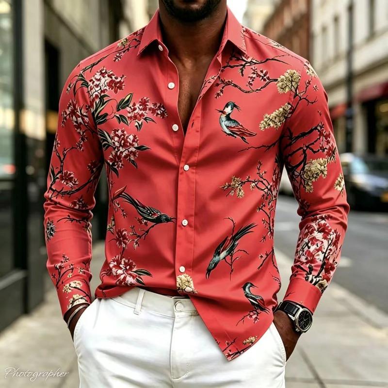 New Men's Shirt Collar Long Sleeved Printed Shirt Street Style Elegant Men's Casual Fashion Top, Comfortable, 17 Colors