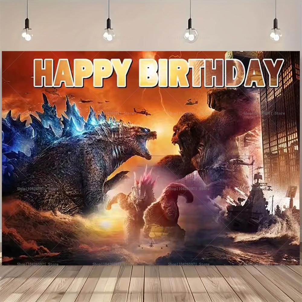 Godzilla Vs King Kong Cartoon Backdrop Banner Monster Clash Adventure Theme Kids Birthday Party Decor Photo Background Supplies